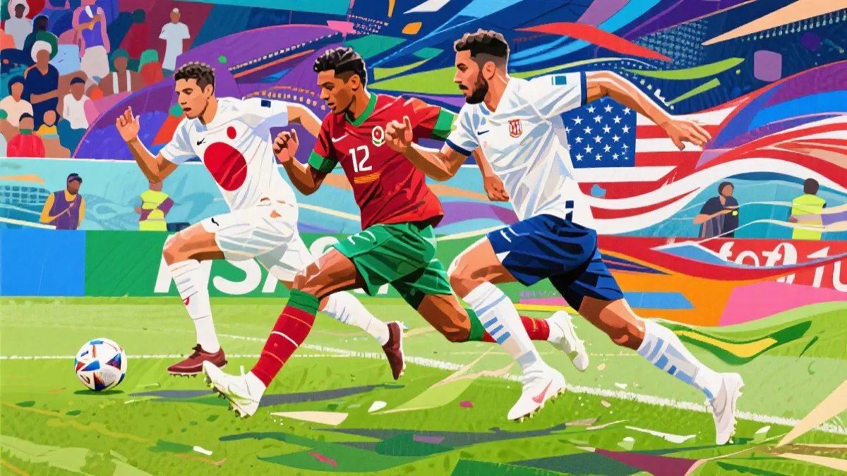 黑马球队日本、摩洛哥和美国在球场上奔跑的动感画面