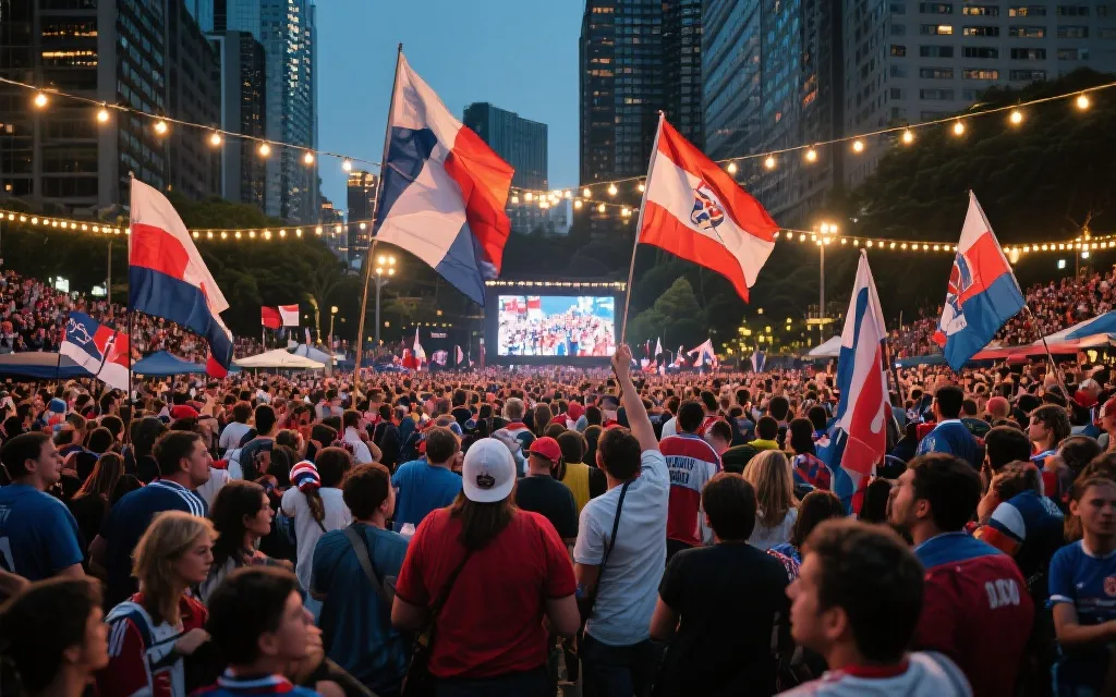 球迷在城市公共广场观看比赛的氛围场景，象征世界杯带来的城市品牌与人群聚合